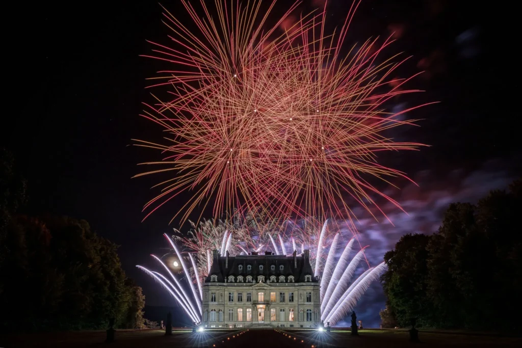 Feu d’artifice tiré devant un château, au bout de son allée