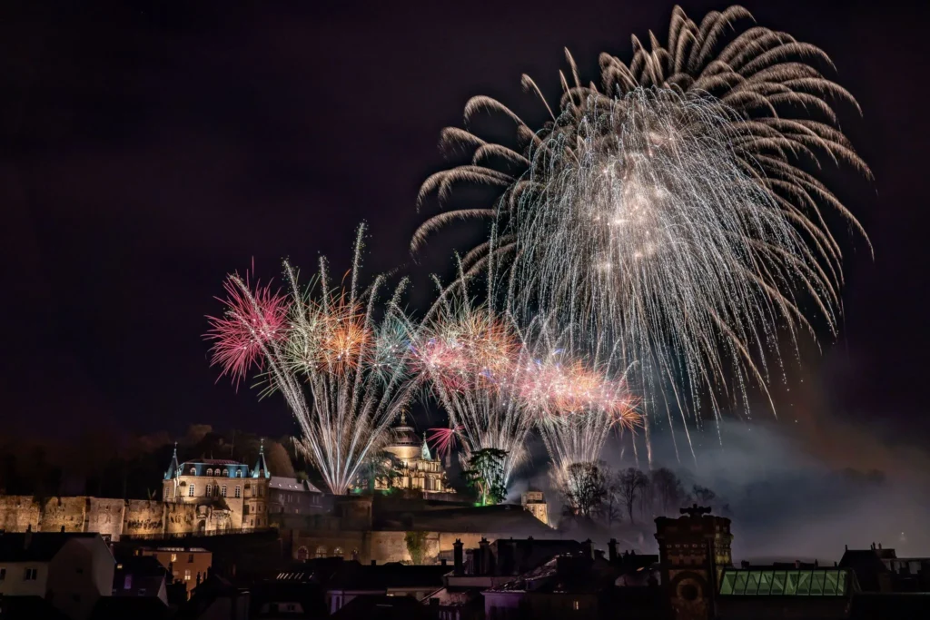 Feu d’artifice tiré au-dessus d’une ville, devant un édifice monumental éclairé