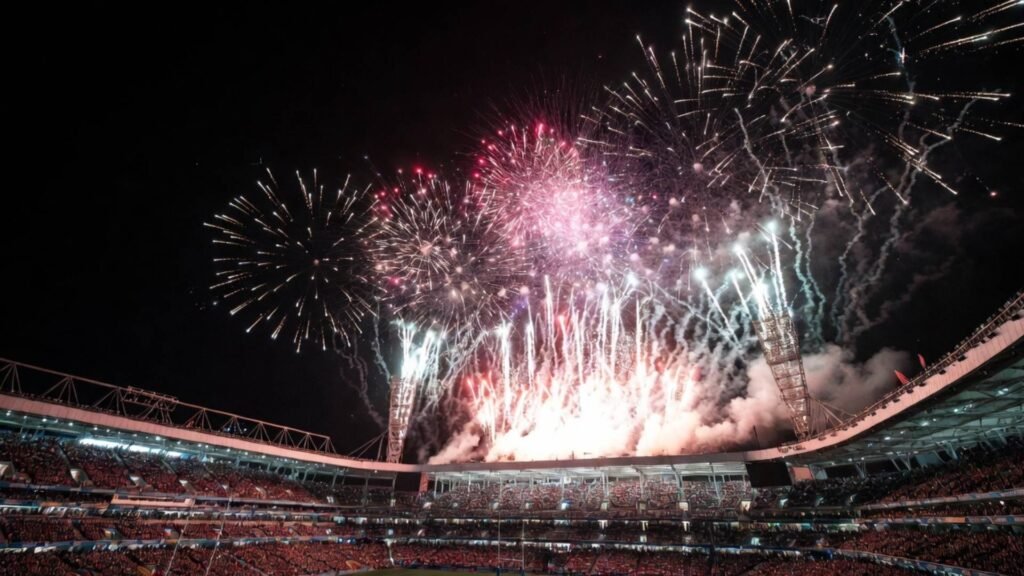 Feu d’artifice tiré au-dessus d’un stade de rugby pendant un événement sportif