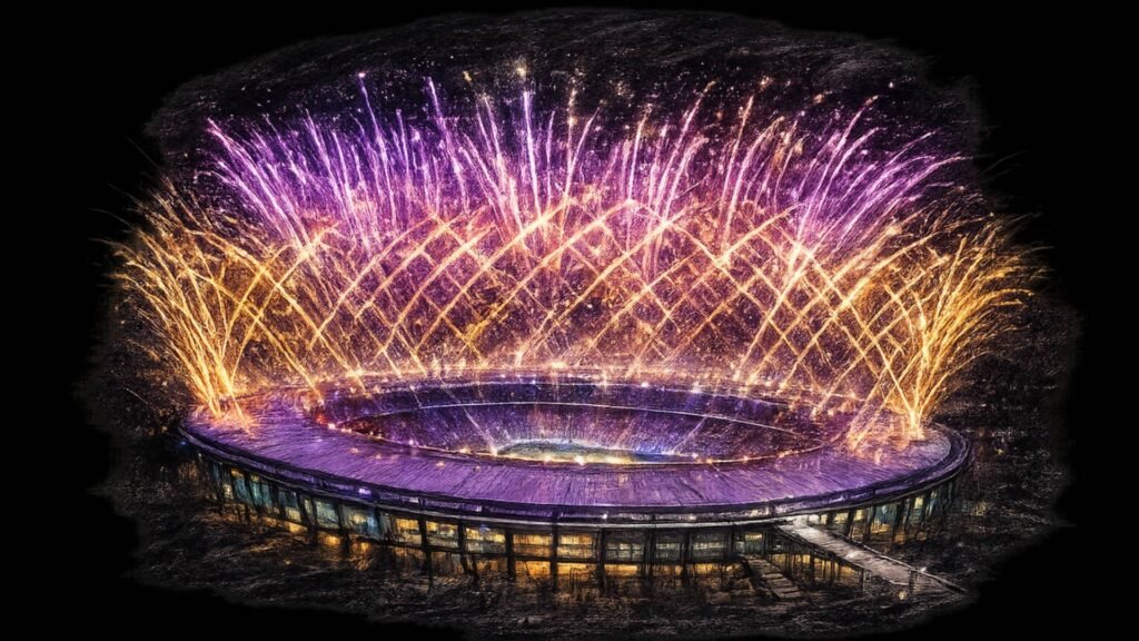 Drones lumineux et pyrotechnie combinés au-dessus d’un événement sportif