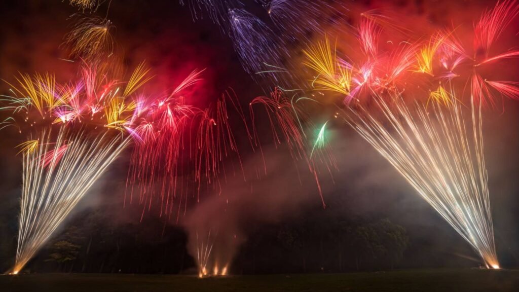 Fireworks display set off over a town to mark the national holiday